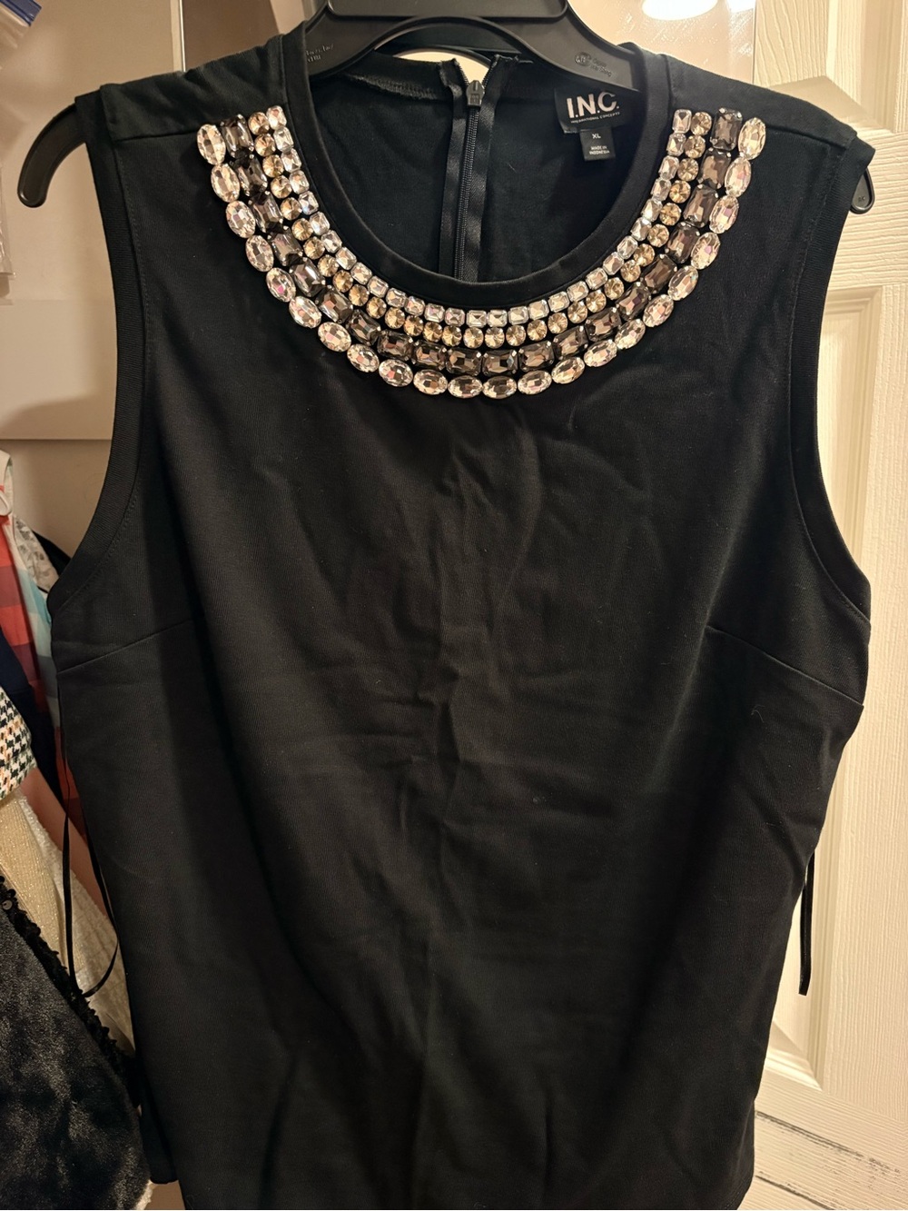 INC International Concepts Black Jewel-Embellished Neckline Top